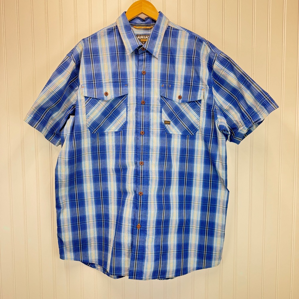 Ariat Rebar Button Down Shirt Mens XL Blue Plaid Workwear Western Short Sleeve‎